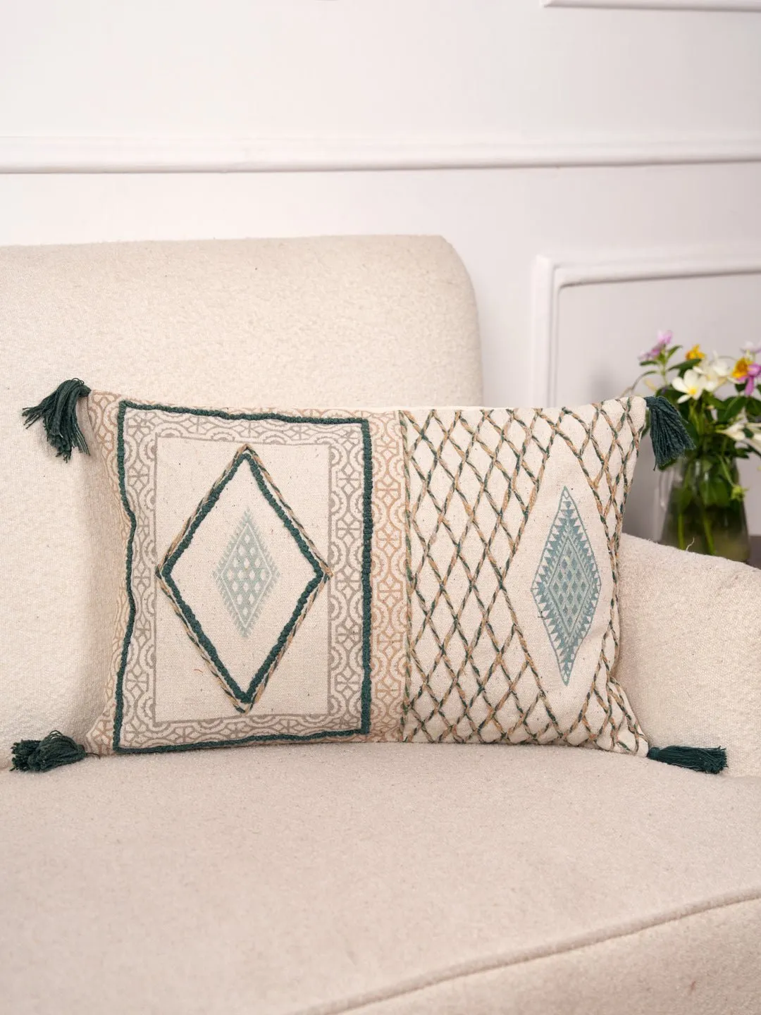 ARTFUL THREADED PATTERNS - BLOCK PRINTED LUMBAR CUSHION COVER