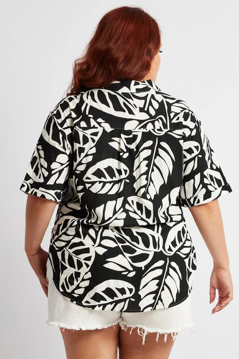 Black Abstract Relaxed Shirt Short Sleeve Linen Blend
