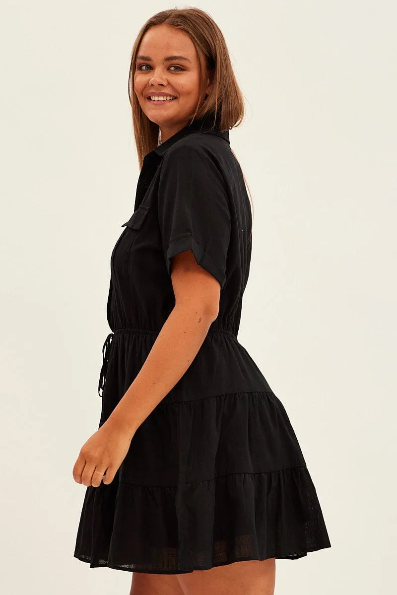 Black Cargo Shirtdress Short Sleeve Cotton Mini