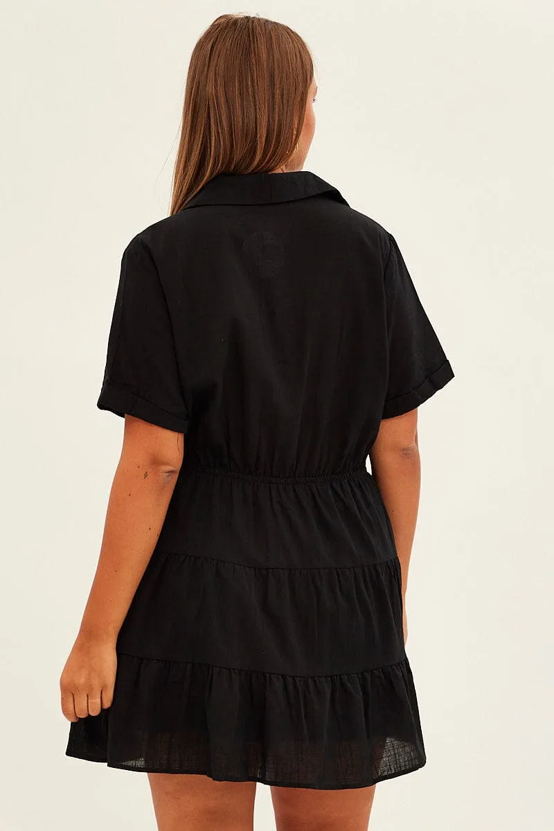 Black Cargo Shirtdress Short Sleeve Cotton Mini
