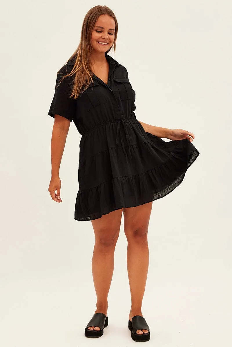 Black Cargo Shirtdress Short Sleeve Cotton Mini