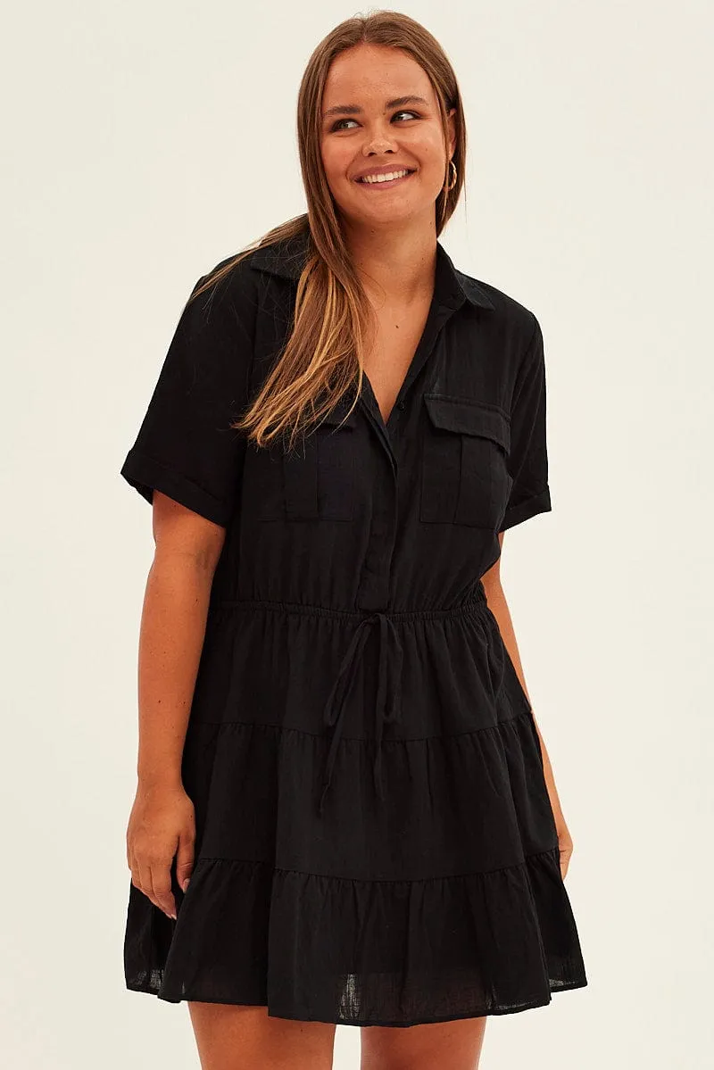 Black Cargo Shirtdress Short Sleeve Cotton Mini
