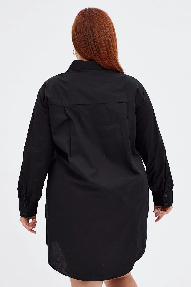 Black Cotton Shirtdress Oversized Long Sleeve