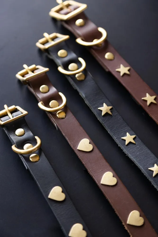 Brown Leather Dog Collar With Stars - 5 Available Sizes