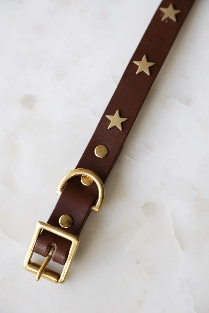 Brown Leather Dog Collar With Stars - 5 Available Sizes