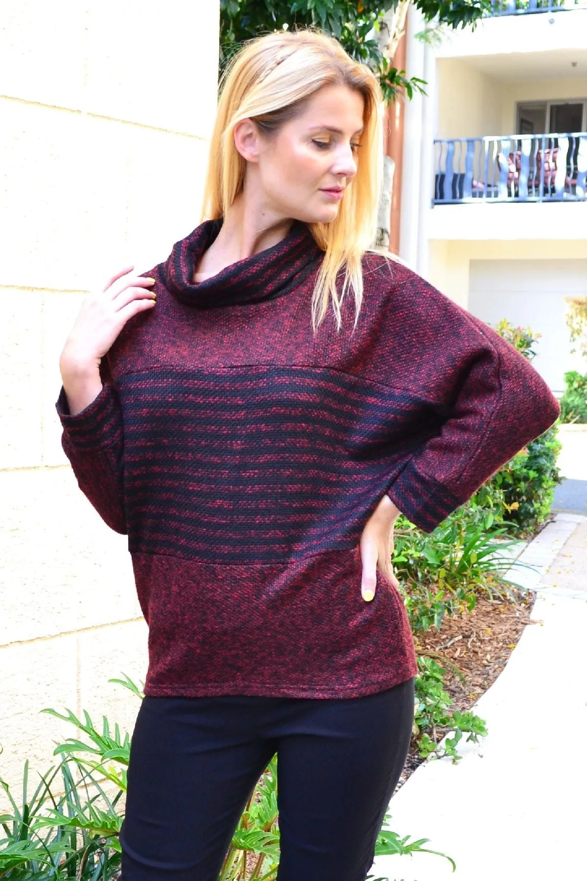 Burgundy Batwing Rolled Neck Stripe Tunic Jumper