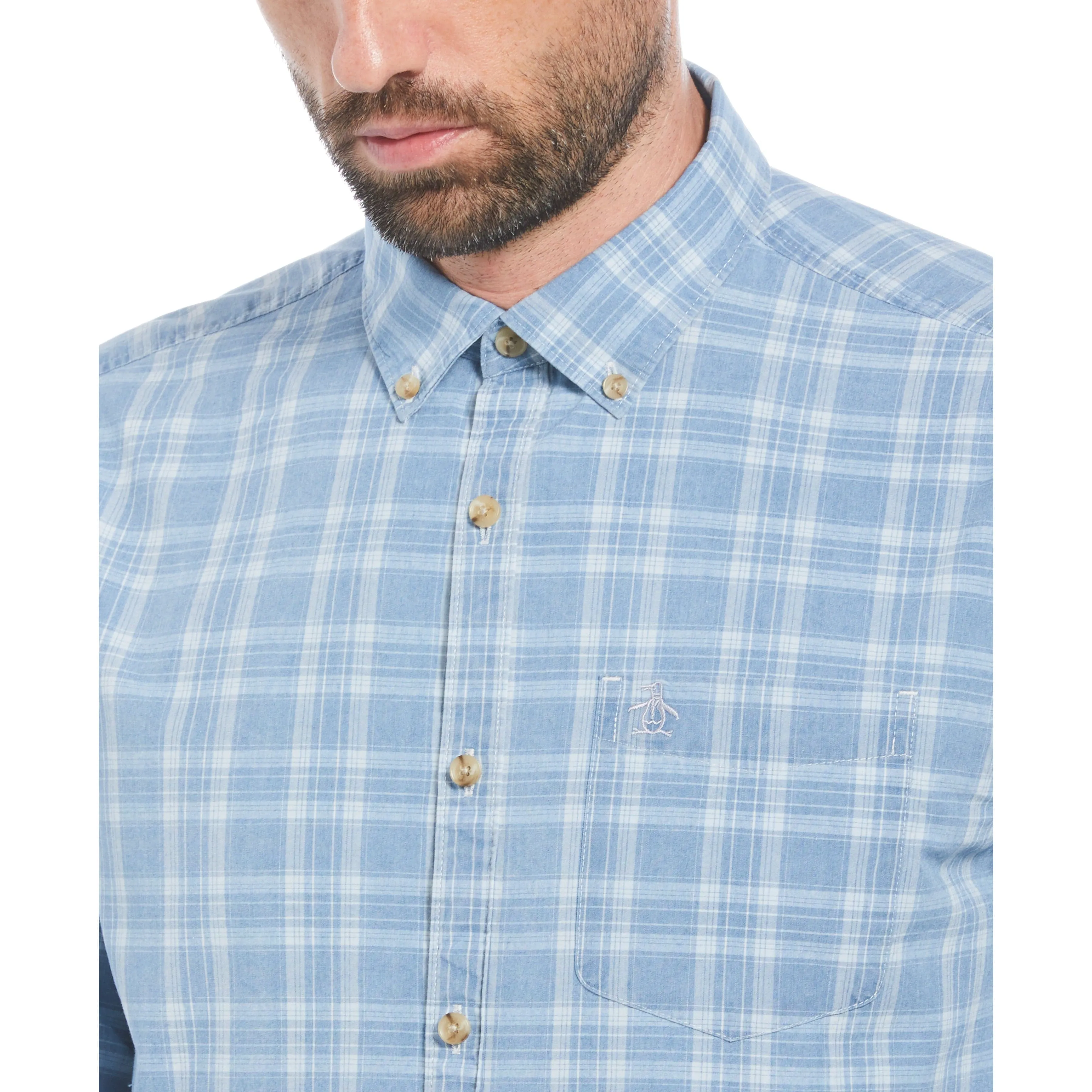 Cotton Indigo Plaid Print Button-Down Shirt