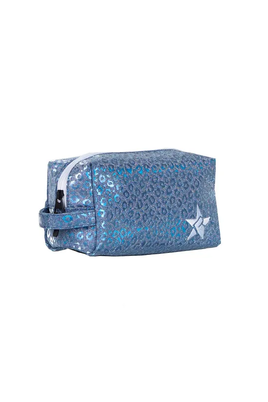 Leopard in Steel Blue Rebel Makeup Bag with White Zipper
