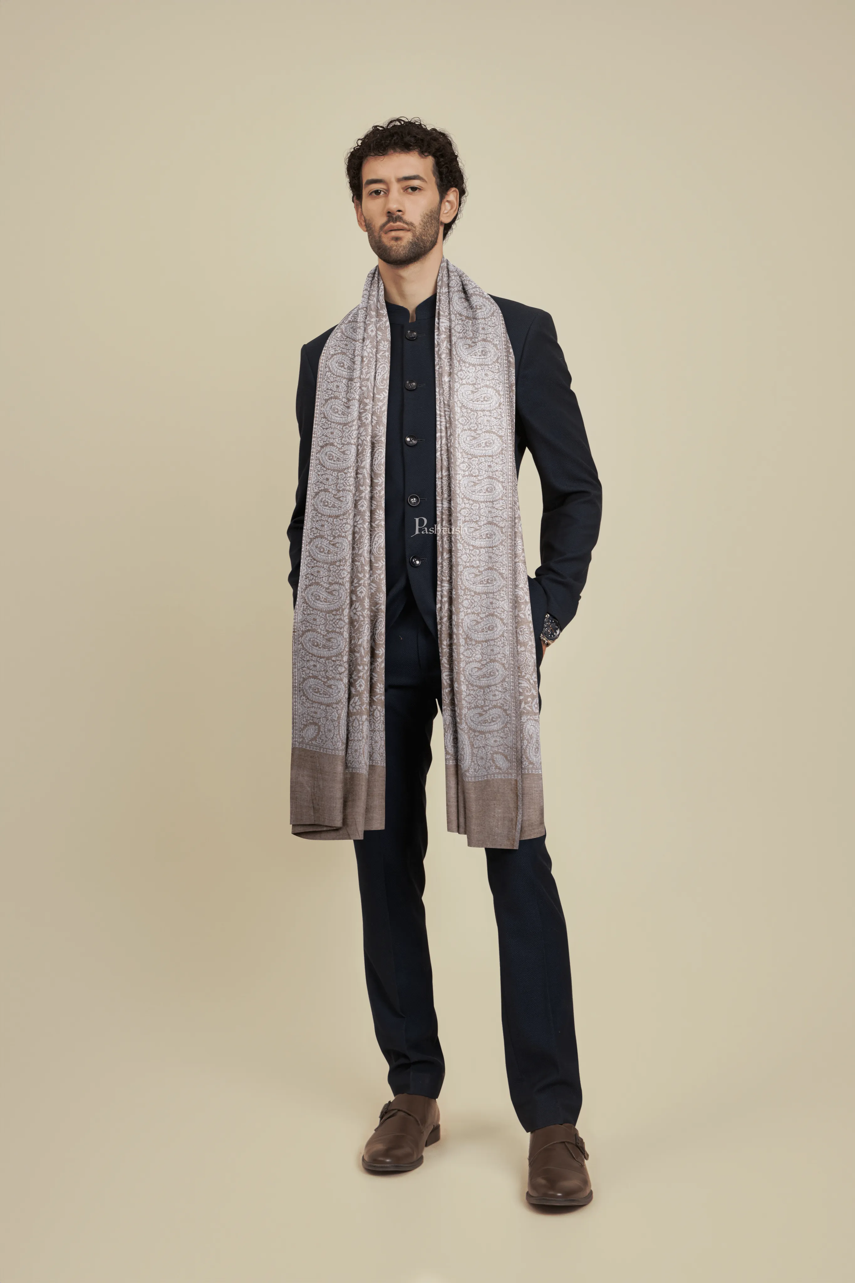 Pashtush Mens Bamboo Stole, Pasiley Weave Design, Taupe