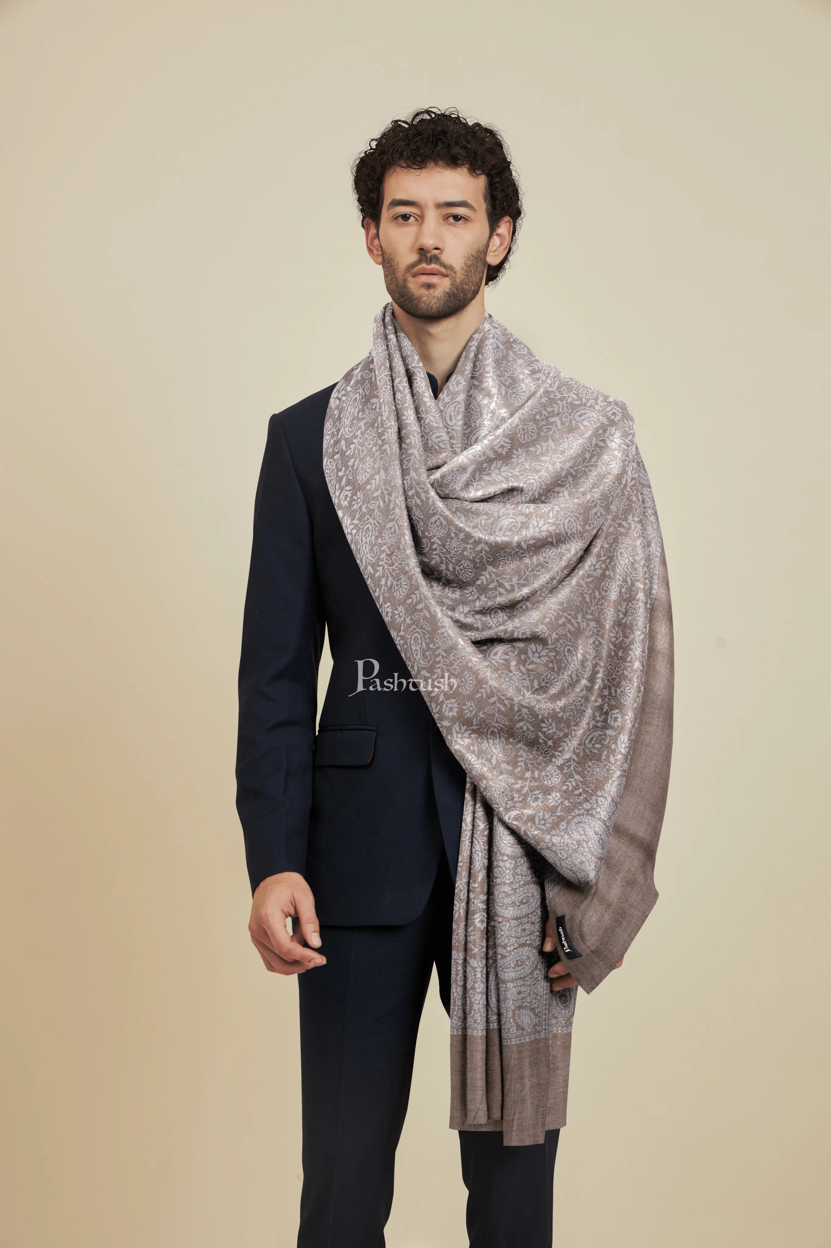 Pashtush Mens Bamboo Stole, Pasiley Weave Design, Taupe