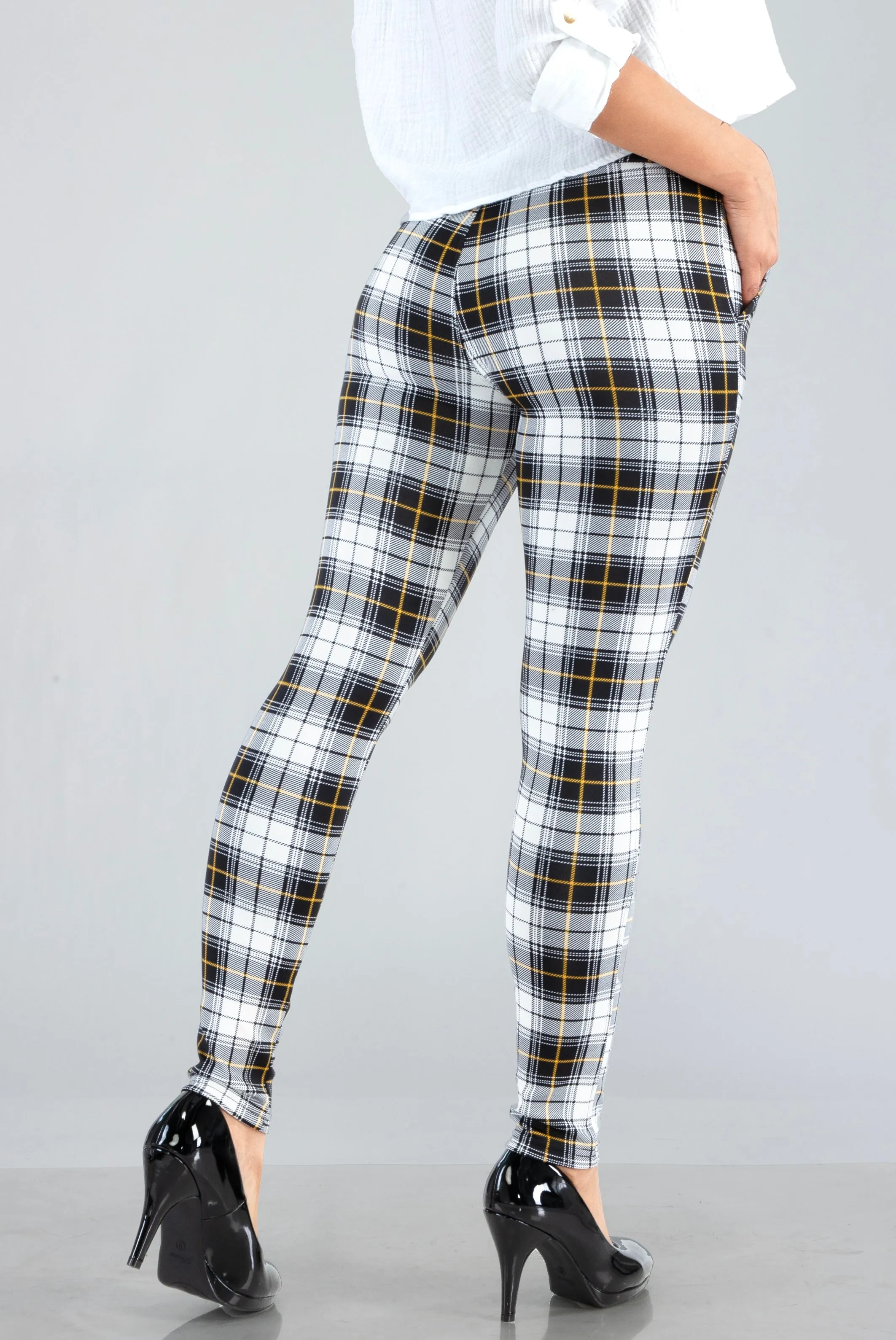 Tregging Skinny Pants With Zipper Pockets - White, Black, Mustard Plaid